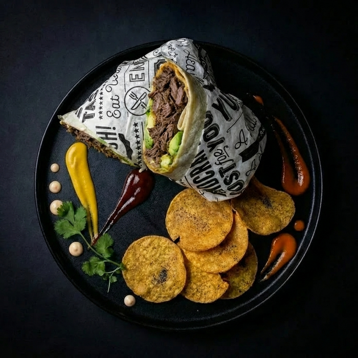 Burrito on a black plate with tortilla chips, sauces, and garnishes on a dark background