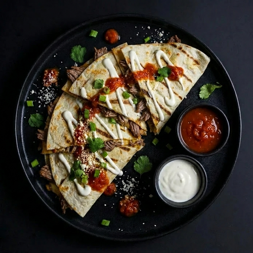 Quesadillas with various toppings on a black plate with side dishes.