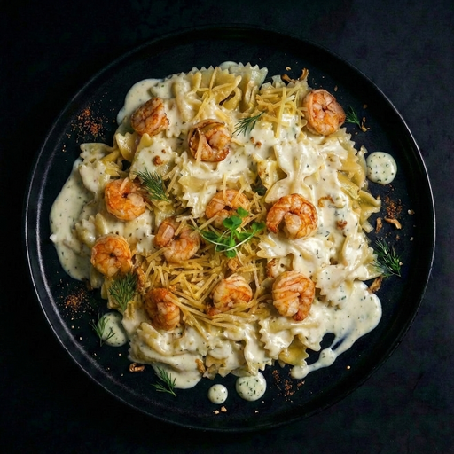 Plated dish of pasta with shrimp on a dark background