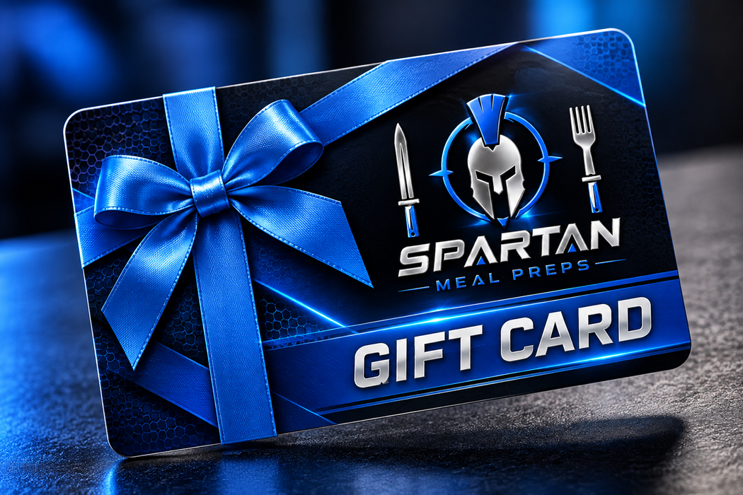 Spartanmealpreps gift card featuring the Spartan logo and branding, ideal for gifting or purchasing meal prep services.