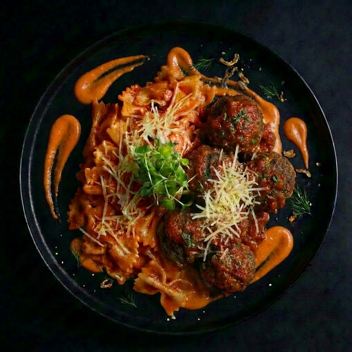 Plated dish of pasta with meatballs and sauce on a dark background