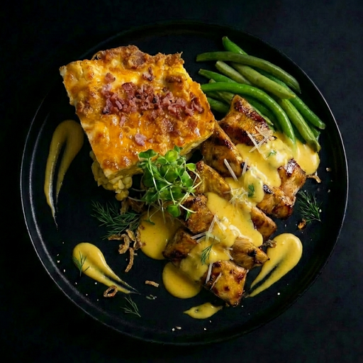 Plated dish with chicken, green beans, and a slice of quiche on a dark background