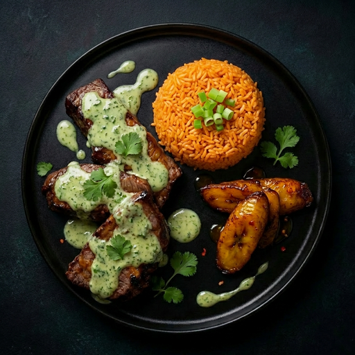 Plated dish with steak, rice, and plantains on a dark background
