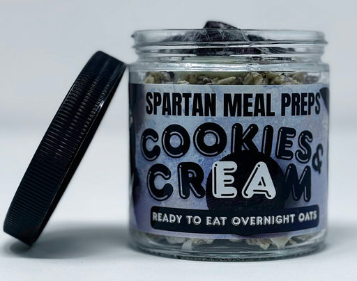 Jar of Spartan Meal Preps Cookies & Cream overnight oats on a white background