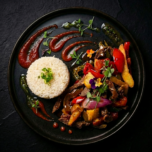 Plated dish with rice, vegetables, and sauces on a dark surface