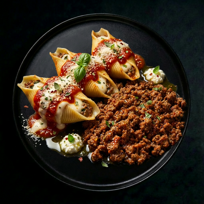 Plated dish of stuffed pasta shells with sauce and ground meat on a dark background