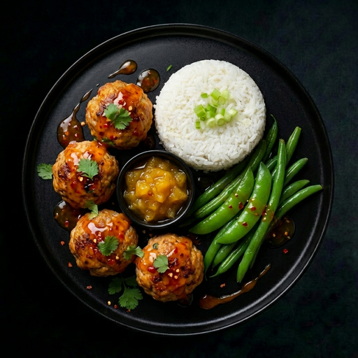 Plated dish with meatballs, rice, and green beans on a dark background