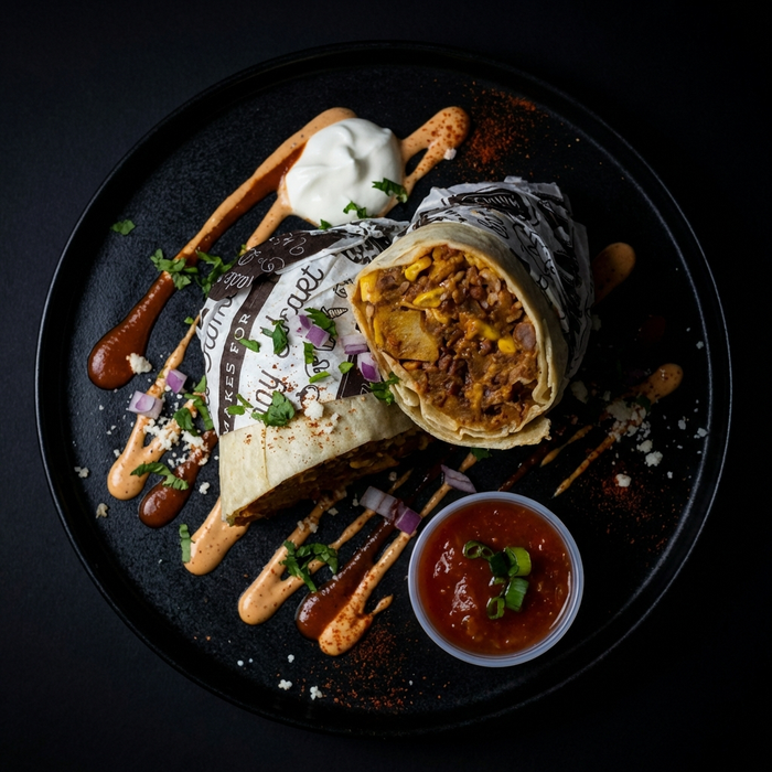 Burrito on a black plate with various condiments and sauces