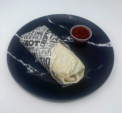 Burrito on a marble-patterned plate with a side of salsa.