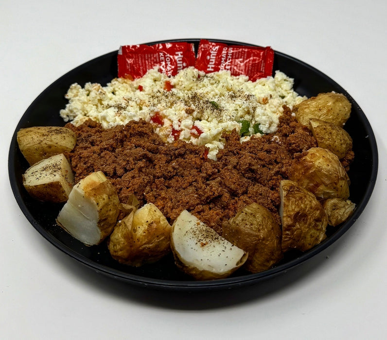 Puerto Rican style grass-fed ground beef paired with fluffy egg whites and seasoned potato cubes and house salsa cup - Rutherford NJ Meal Preps