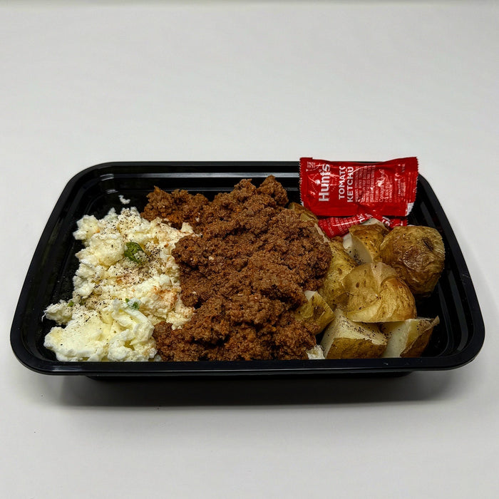 Puerto Rican style grass-fed ground beef paired with fluffy egg whites and seasoned potato cubes and house salsa cup - Rutherford NJ Meal Prep