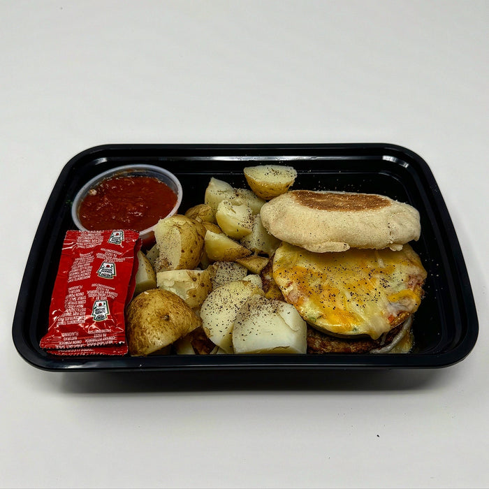 Fluffy egg whites, low-fat cheese turkey sausage bites put inside a warm crispy English muffin paired with seasoned potato cubes - Fort Lee NJ Meal Prep