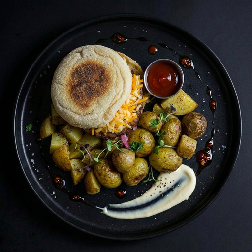 Hamburger with cheese and potatoes on a black plate with a dark background