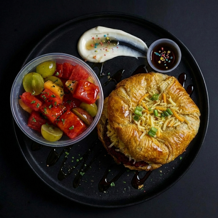 Plated dish with a pastry, salad, and dipping sauces on a dark surface