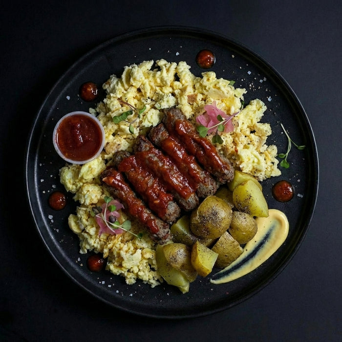 Plated dish with scrambled eggs, sausages, and potatoes on a dark background