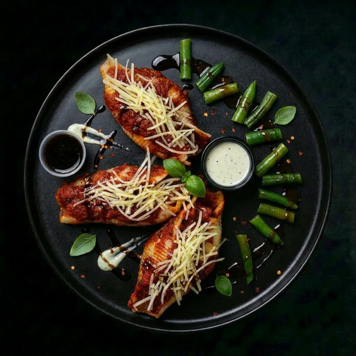 Plated dish of grilled salmon with cheese, green beans, and dipping sauces on a dark background