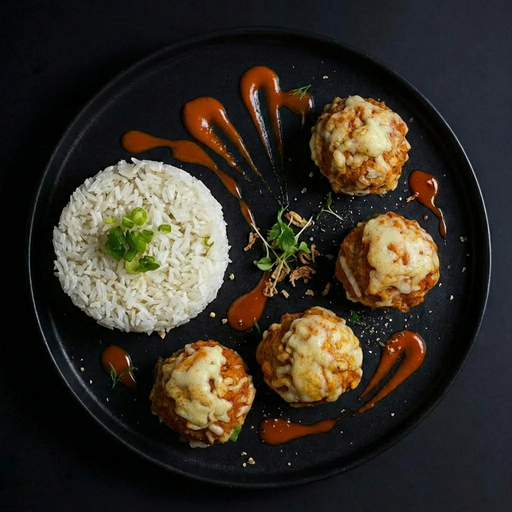 Plated dish with rice and meatballs on a dark background