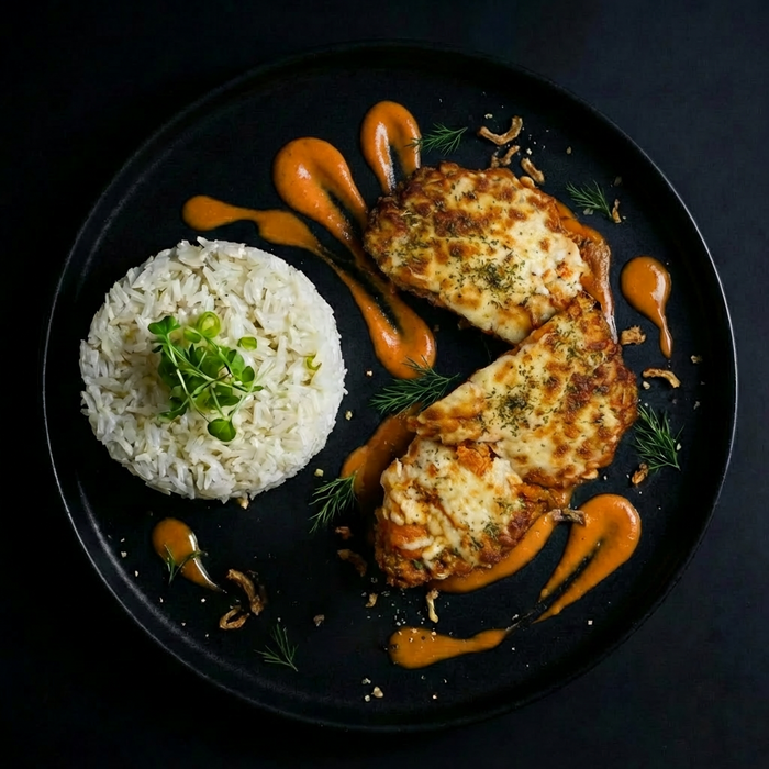 Plated dish with breaded meat, rice, and sauce on a dark background