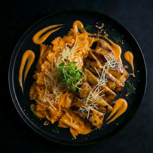 Plated dish of pasta with chicken and sauce on a dark background