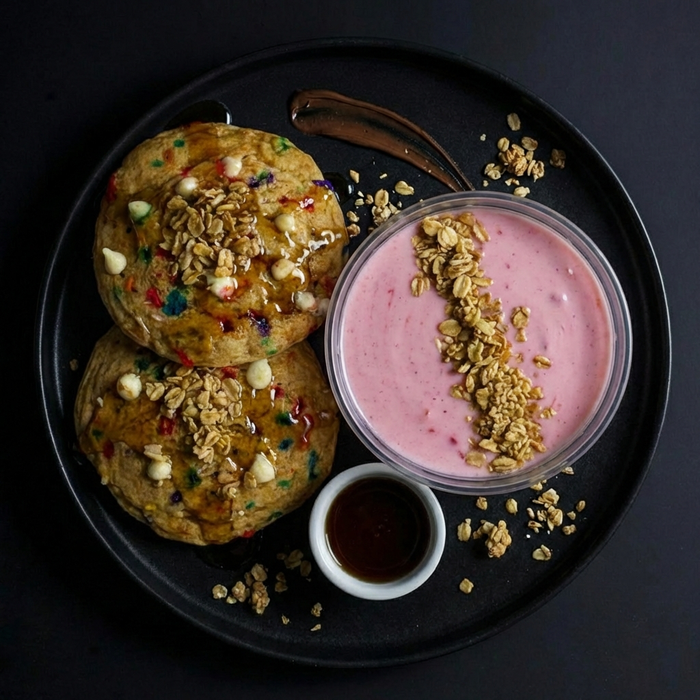 Two pancakes with sprinkles inside and a container of pink yogurt with granola on a black plate. Meal made by spartan meal preps nj.