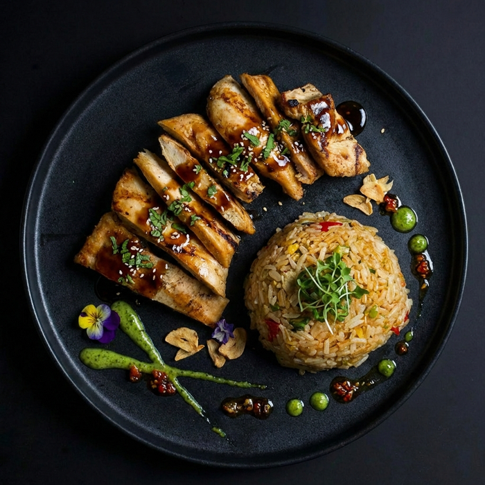 Plated dish with sliced chicken and fried rice on a dark background