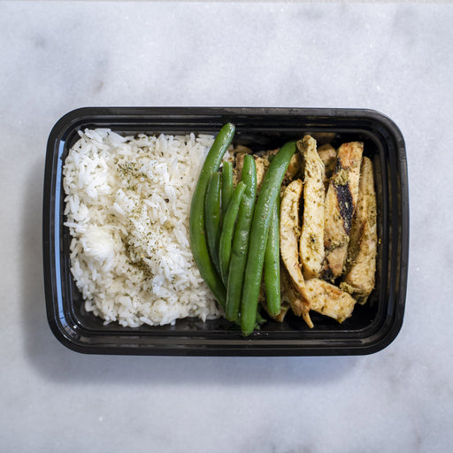 Grilled chicken tossed in our house pesto sauce paired with jasmine rice, green beans and a side of grape tomatoes - clifton nj meal prep delivery service