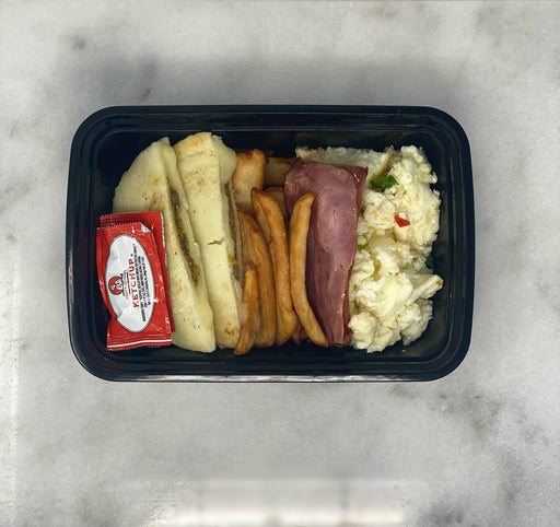 : Arepas paired egg whites, fries, and (2) turkey bacon strips. - ny meal prep delivery