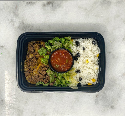 Seasoned lean ground beef paired with jasmine rice, black beans, corn, lettuce shreds and a side of our house salsa - jersey city meal preps